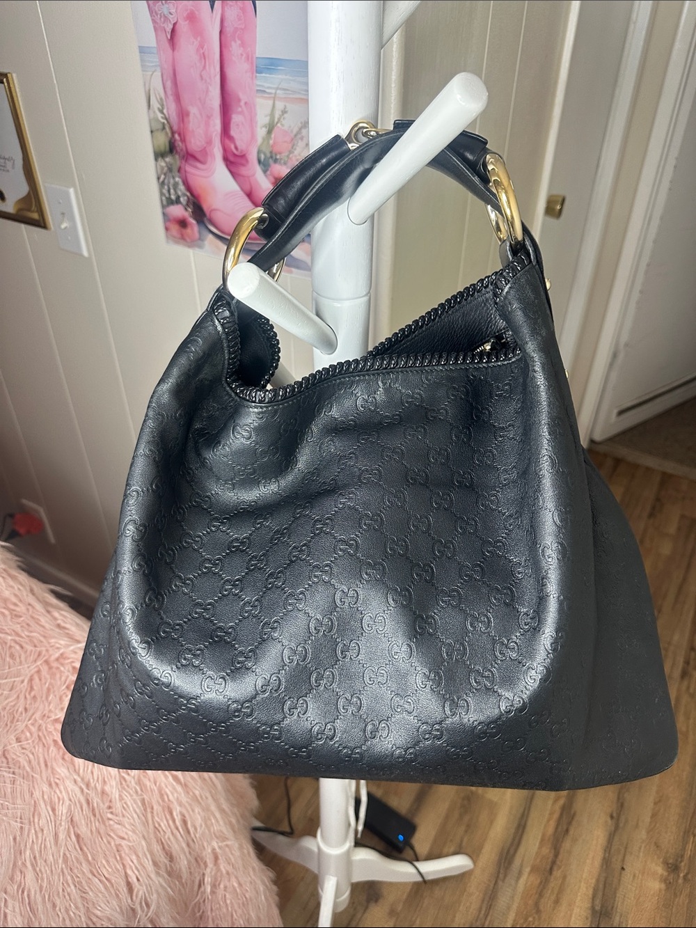 Gucci Auténtico, Black Embossed Leather Hobo Bag with Gold Hardware
